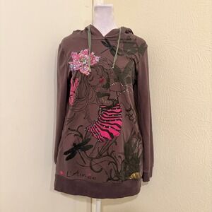 Y2K Euro Brown Indie Fairy Dragonfly Girl Sketch Sequin Beaded Hoodie